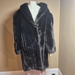 Vintage Made in USA Faux Fur Coat Dark Brown Shawl Collar Mid Length Jacket L